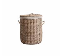 MCMUZKZS Woven Laundry Basket round wicker storage hamper lined handmade cotton linen with lid and side handles suitable for laundry room bedroom, Small Base 25cm Height 34cm Caliber 31cm