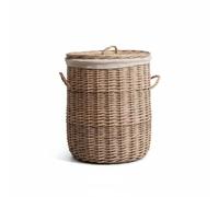 MCMUZKZS Woven Laundry Basket round wicker storage hamper lined handmade cotton linen with lid and side handles suitable for laundry room bedroom, Extra Large Height 55cm Diameter 47cm