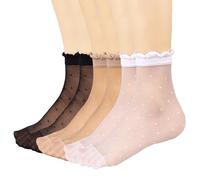 Mcool Mary 12 Pairs Women's Sheer Ruffle Socks Nude Stocking Summer Ultra Thin Cool See Through Silk Ankle Socks for Women, Black*4+nude*4+white*4, 5-9