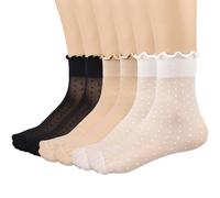 Mcool Mary 12 Pairs Women's Sheer Ruffle Socks Nude Stocking Summer Ultra Thin Cool See Through Silk Ankle Socks for Women, 12pairs(nude+black)-1, 4-8 UK