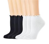 Mcool Mary Womens Ankle Ruffle Socks Casual Cotton Frilly Breathable Cute Knit Lettuce Trim No Show Socks 6 Pack, 6pairs(white,black), 5-9