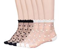 Mcool Mary Women's Ruffle Sheer Mesh Casual Lace Socks - Summer Ultra Thin Cool See Through Ankle Socks, (3black,3white)-2, 5-9