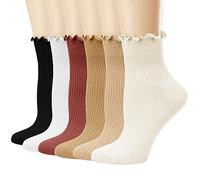 Mcool Mary Women's Ruffle Socks,Casual Cute Ankle Breathable Knit Cotton Soft Frilly Crew Socks for Women 6 Pack, 6colors(apricot+orange+olive+brown+white+black), 4-8 UK