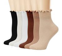 Mcool Mary Women's Ruffle Socks,Casual Cute Ankle Socks Breathable Knit Cotton Soft Frilly Crew Socks for Women 6 Pack, 6colors(apricot+light Brown+brown+white+milky White+black), 4-8 UK