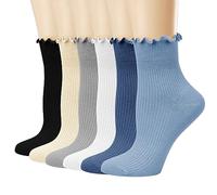 Mcool Mary Women's Ruffle Socks,Casual Cute Ankle Socks Breathable Knit Cotton Warm Soft Frilly Crew Socks for Women 6 Pack, 6colors(blue+grey+dark Blue+white+milk White+black), 4-8 UK