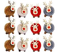 Mcree 12Pcs Christmas Cute Wool Felt Wooden Elk Antler Pendants Christmas Tree Decorations, Lovely Deer Craft Ornament for Xmas Tree Decor, Merry Christmas 2022 New Year Home Decor (12Pack)