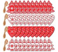 Mcree 40Pcs Red Christmas Snowflakes Wooden Ornaments with 4Bunches of Ropes, Finished Wood Slices Xmas Wood Hanging Pendants for Tree Tags Valentine's Day Decor Gift Tags (Xmas Tree+ Heart)