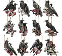 Mcuhm Black Crows Decor, 36 Pieces Wooden Gothic Raven Ornaments with Skulls and Roses, 3.8-8 cm Hanging Decorations Halloween Tree Toppers