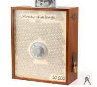 Mczcent 10000 Money Saving Box with Lock, Large Wooden 10k Savings Challenge Box 10,000 Reusable Coin Money Challenge Cash Pink Saving Box Saver Number Piggy Bank for Adults Kids, Brown