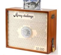 Mczcent 10000 Savings Challenge Box with Lock, Large Wooden 10k Money Saving Box Saver $10,000 Reusable Coin Money Challenge Cash Vault Saving Box Tracker Number Piggy Bank for Adults Kids, Brown