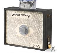 Mczcent 10000 Savings Challenge Box with Lock, Large Wooden 10k Money Saving Box Saver 10,000 Reusable Coin Money Challenge Cash Vault Saving Box Tracker Number Piggy Bank for Adults Kids, Blue