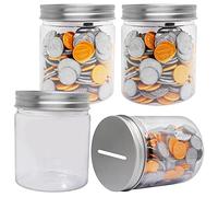 Mczcent 4-Pack Small Clear Plastic Transparent Coin Tips Piggy Banks (16oz), Silver Slotted Lids, for Adults, Teens, Kids & Girls Boys