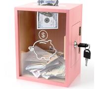Mczcent Clear Piggy Bank with Lock, Large Money Saving Jar Money Bank Box Container for Cash Saving, Openable Clear Money Coin Change Bank Jar Container Penny Piggy Jar Bank for Adults Kids, Pink