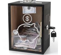 Mczcent Clear Piggy Bank with Lock, Large Money Saving Jar Money Bank Box Container for Cash Saving, Openable Clear Money Coin Change Bank Jar Container Penny Piggy Jar Bank for Adults Kids, Black