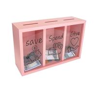 Mczcent Wooden Give Save Spend Money Saving Box for Kids, Money Coin Savings Piggy Bank Jar Box for Kid Safe Money Saver, Teach Children About Giving Saving Giving Money Piggy Box for Boys Girls, Pink