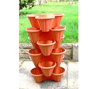 MD MUZ New 6 x Terracotta Brown Trio Stacking Planter Strawberry Flower Herb Stackable Garden Plant Pot