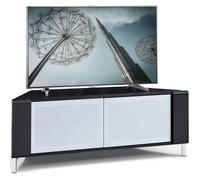 MDA Designs CORVUS Corner-Friendly Gloss Black Contemporary Cabinet with Black Profiles White BeamThru Glass Doors for Flat Screen TVs up to 50"