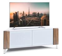 MDA Designs CORVUS Corner-Friendly Gloss White Contemporary Cabinet with Walnut Profiles White BeamThru Glass Doors for Flat Screen TVs up to 50"