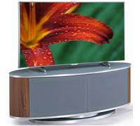 MDA Designs LUNA Grey Oval Cabinet with Walnut Profiles & Grey BeamThru Glass Doors Suitable for Flat Screen TVs up to 50"