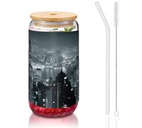 MDATT Aerial Night of View Hong Kong Printing 16oz Drinking Glasses with Lids and Straws,Cute Water Glasses for Juice,Beer,Coffee,Tea