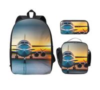MDATT Aircraft Plane at Sunsets Backpacks with Lunch Pack Pencil Case, Lightweight Bookbag for Camping Excursions