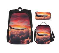 MDATT Airplane Sunsets Sky Backpacks Study Backpacks with Lunch Box Pencil Case Canvas Travel Bag for Elementary Student