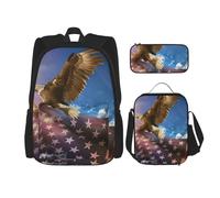 MDATT American USA Flag Eagle Art Backpack with Lunch Box Anime Backpack School Bag Bookbag Backpack Set for Three