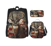 MDATT Americana Flag Deer Backpack with Lunch Box Anime Backpack School Bag Bookbag Backpack Set for Three