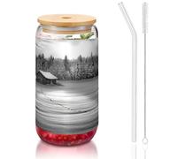 MDATT Barn Black and White Printing 16oz Drinking Glasses with Lids and Straws,Cute Water Glasses for Juice,Beer,Coffee,Tea