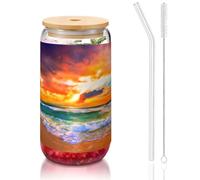 MDATT Beautiful Beach at Sunset Printing 16oz Drinking Glasses with Lids and Straws,Cute Water Glasses for Juice,Beer,Coffee,Tea