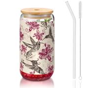 MDATT Beautiful Flowers Hummingbird Printing 16oz Drinking Glasses with Lids and Straws,Cute Water Glasses for Juice,Beer,Coffee,Tea