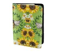 MDATT Bee & Sunflowers Printing Cowhide Travel Passport Wallet for Women Men Document Organizer Passports Holder for Travel