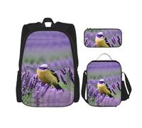 MDATT Bird in Purple Lavender Floral Flowers Backpacks Study Backpacks with Lunch Box Pencil Case Canvas Travel Bag for Elementary Student