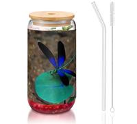 MDATT Black and Blue Dragonfly Printing 16oz Drinking Glasses with Lids and Straws,Cute Water Glasses for Juice,Beer,Coffee,Tea