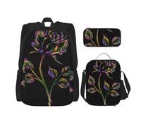 MDATT Black and Gold Flowers Backpack with Lunch Box Anime Backpack School Bag Bookbag Backpack Set for Three