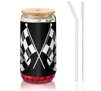 MDATT Black White Formula Checkered Flags Pattern Printing 16oz Drinking Glasses with Lids and Straws,Cute Water Glasses for Juice,Beer,Coffee,Tea