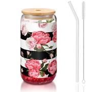MDATT Black White Striped Flowers Printing 16oz Drinking Glasses with Lids and Straws,Cute Water Glasses for Juice,Beer,Coffee,Tea