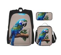 MDATT Blue Parrot Hugging Backpacks Study Backpacks with Lunch Box Pencil Case Canvas Travel Bag for Elementary Student