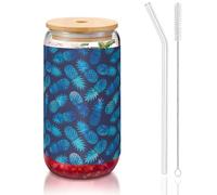 MDATT Blue Pineapple Printing 16oz Drinking Glasses with Lids and Straws,Cute Water Glasses for Juice,Beer,Coffee,Tea