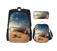 MDATT Boat On The Beach Backpacks Study Backpacks with Lunch Box Pencil Case Canvas Travel Bag for Elementary Student