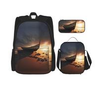 MDATT Boat On The Beach Backpacks Study Backpacks with Lunch Box Pencil Case Canvas Travel Bag for Elementary Student
