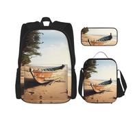 MDATT Boat On The Beach Backpacks Study Backpacks with Lunch Box Pencil Case Canvas Travel Bag for Elementary Student