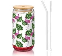 MDATT Cartoon Flamingo Leaves Printing 16oz Drinking Glasses with Lids and Straws,Cute Water Glasses for Juice,Beer,Coffee,Tea
