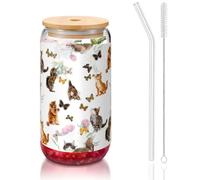 MDATT Cat Butterfly Printing 16oz Drinking Glasses with Lids and Straws,Cute Water Glasses for Juice,Beer,Coffee,Tea