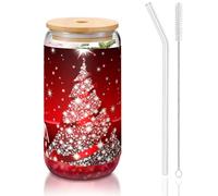MDATT Christmas Tree Red Printing 16oz Drinking Glasses with Lids and Straws,Cute Water Glasses for Juice,Beer,Coffee,Tea