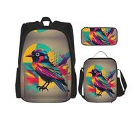 MDATT Colorful Bird Backpacks Study Backpacks with Lunch Box Pencil Case Canvas Travel Bag for Elementary Student