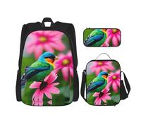 MDATT Colorful Flowers and Bird Backpacks Study Backpacks with Lunch Box Pencil Case Canvas Travel Bag for Elementary Student