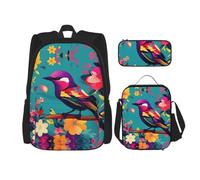 MDATT Colorful Flowers Bird Backpacks Study Backpacks with Lunch Box Pencil Case Canvas Travel Bag for Elementary Student