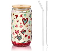 MDATT Colorful Heart Pattern Printing 16oz Drinking Glasses with Lids and Straws,Cute Water Glasses for Juice,Beer,Coffee,Tea