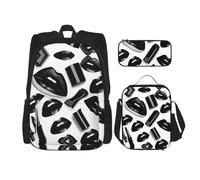 MDATT Cool Black Lipstick Lips Backpacks Study Backpacks with Lunch Box Pencil Case Canvas Travel Bag for Elementary Student